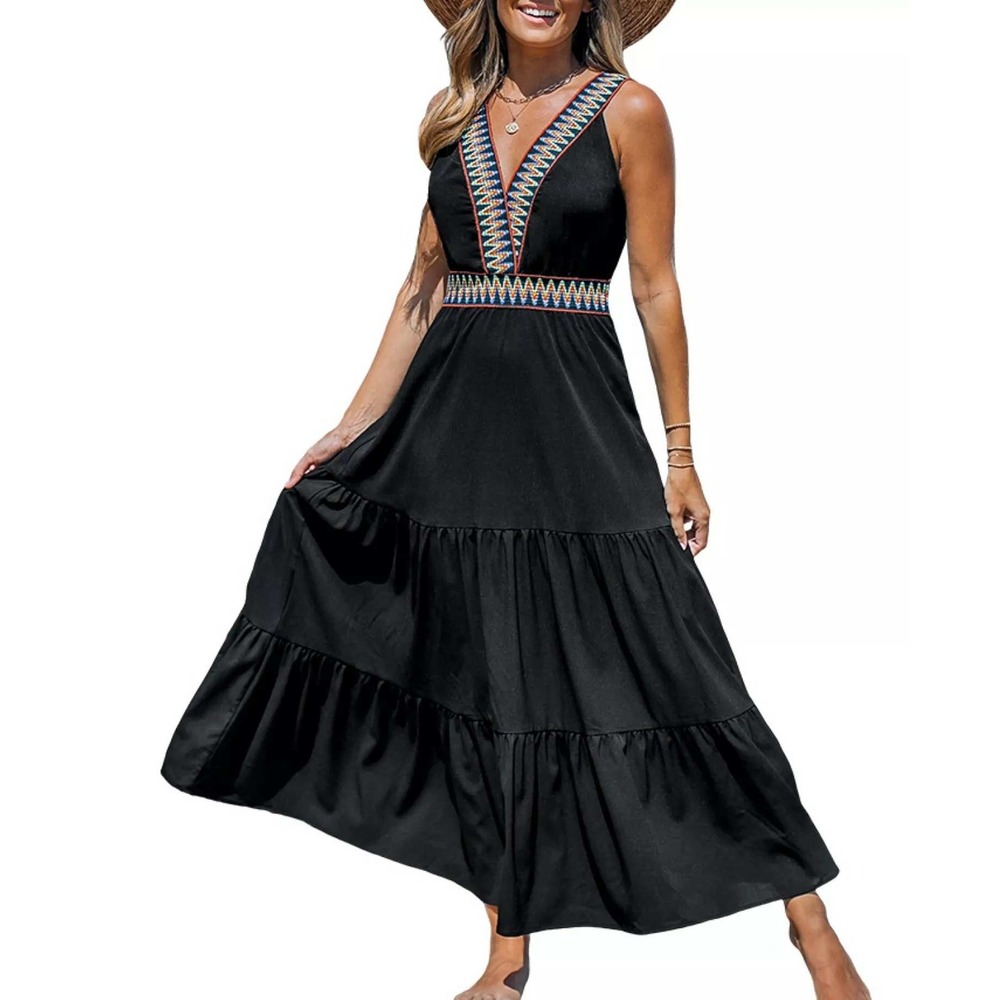 CUPSHE Black V Neck Tiered Maxi Dress‎ Embroidered Trim Bohemian Size XL